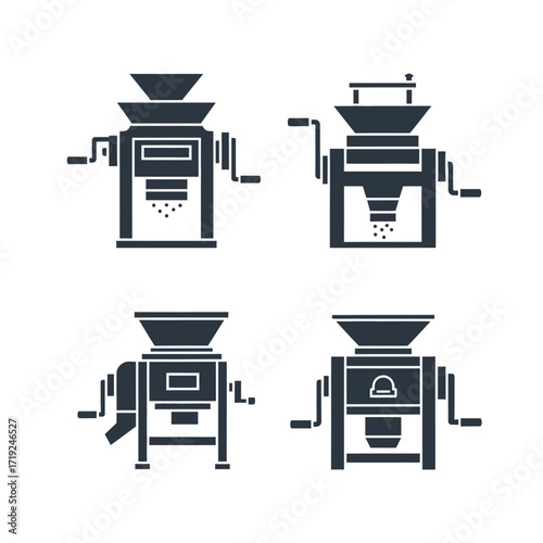 Set of four manual grain mill machine icons in silhouette style.