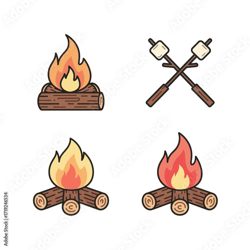 Set of cartoon campfire and marshmallow roasting stick icons.