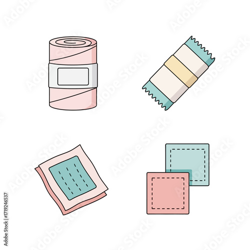 Set of cartoon first aid medical supplies illustrations.