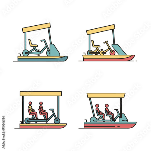 Set of four pedal boats with canopy and seating.