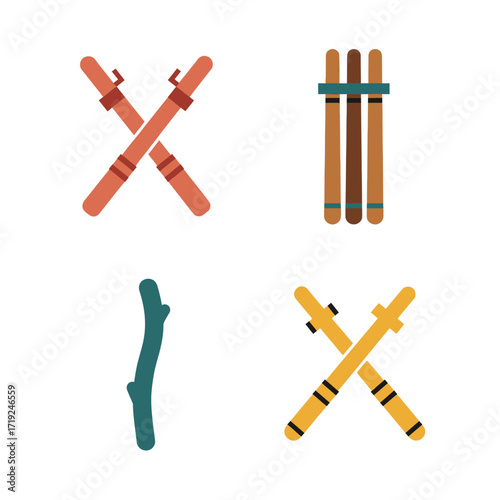 Set of traditional wooden flutes panpipes and stick icons.