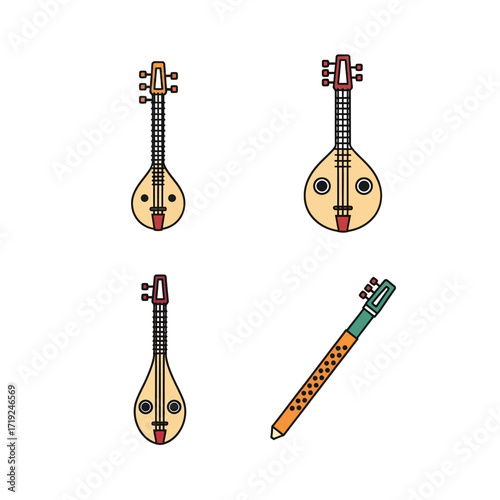 Set of traditional folk musical instruments vector icons.