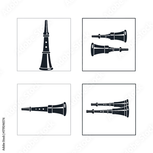 Set of vector icons depicting a traditional shawm woodwind instrument.