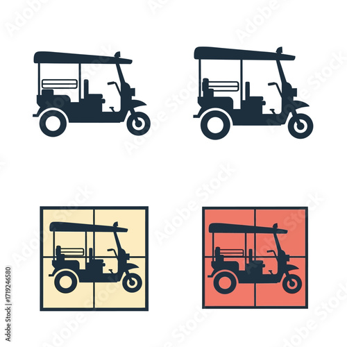 Set of Tuk Tuk Auto Rickshaw Vector Silhouettes and Icons.