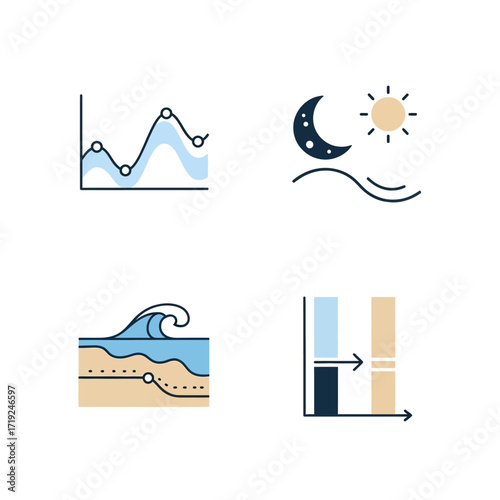 Tidal cycle and water level fluctuation vector icons set.