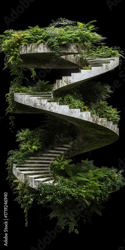 Spiral concrete stairs overgrown with lush greenery