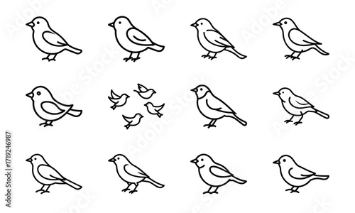 Collection of Line Art Icons – Birds, Flying Dove, Duck Family, Owl Face, Hummingbird, Parrot, Kite, Crane, and Decorative Floral Symbol Outline on White Background