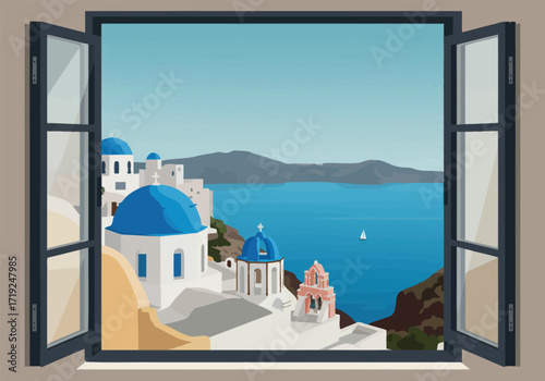 A picturesque view of santorini, greece, is framed by an open window, showcasing the iconic white buildings with blue domes against the backdrop of the aegean sea and distant islands, creating a seren