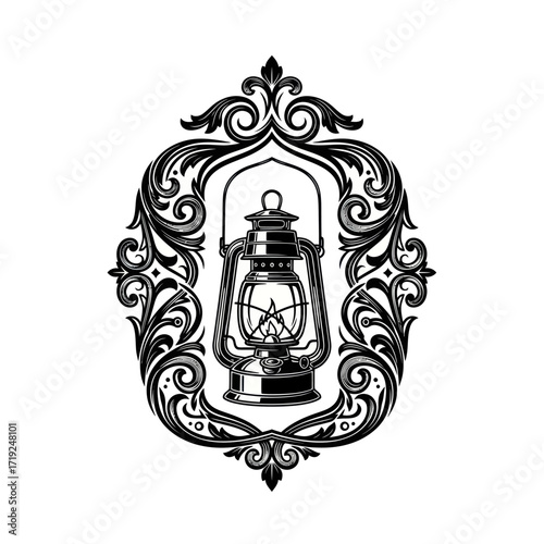 An ornate black and white illustration of a vintage kerosene lantern framed by decorative scrollwork.