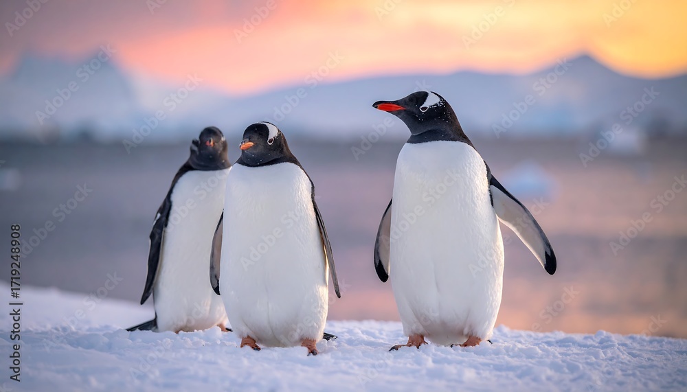 Fototapeta premium Three Gentoo Penguins Standing on Snow at Sunset in Antarctica.