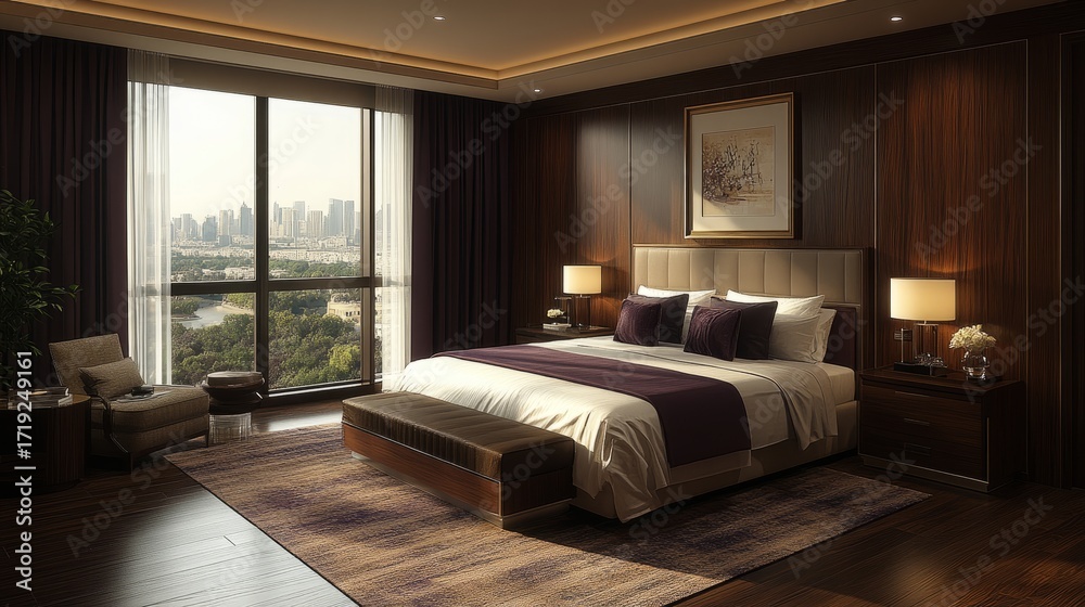 Fototapeta premium Luxurious bedroom with a stunning view of the urban skyline at twilight