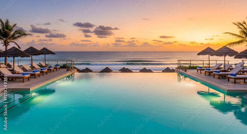 Fototapeta premium Serene beach resort at sunset with tranquil pool, palm trees, and gentle ocean waves in background