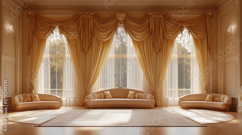 A sun-drenched opulent room with grand arched windows, draped in gold-toned curtains, showcases luxurious curved sofas and a light beige carpet.