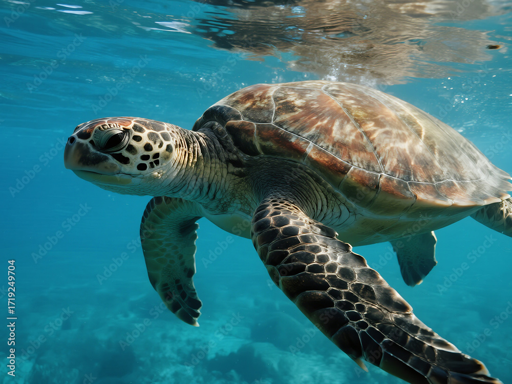 Obraz premium Sea Turtle Swimming Underwater in Clear Blue OceanDescription: A detailed underwater close-up of a sea turtle gracefully swimming in the clear blue ocean. Perfect for marine life projects