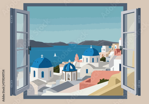 A picturesque view of santorini, greece, is framed by an open window, showcasing the iconic white buildings with blue domes against the backdrop of the aegean sea and distant islands, creating a seren