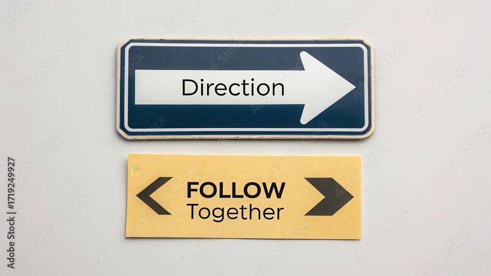 Fototapeta premium Direction Signage with Arrow and Follow Together Messaging