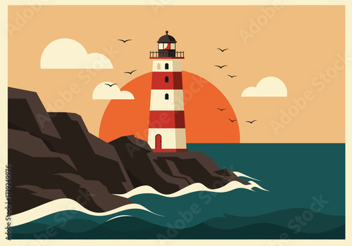 A picturesque lighthouse stands tall against a backdrop of a vibrant sunset, with birds soaring above the tranquil sea, creating a serene coastal scene with rocky cliffs and gentle waves