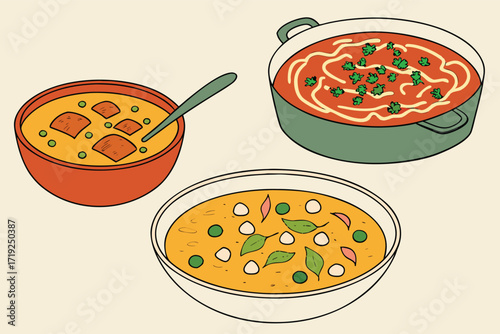 Vector cartoon illustration of a hot pepperoni pizza, with a slice on a plate, next to a cooking pot with a vegetable meal