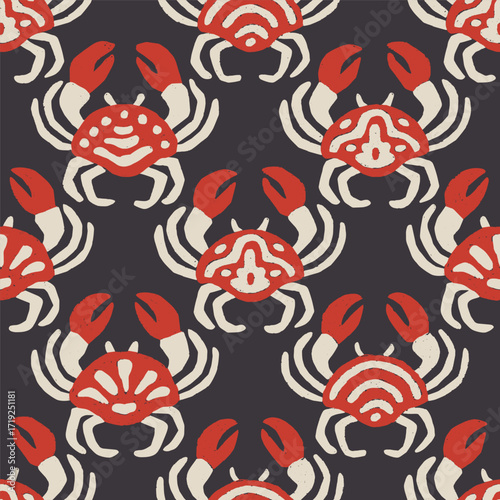 Seamless vector pattern with red crabs on dark background. Stylized marine animal with folk-inspired design. Playful and bold underwater theme. Vector illustration.