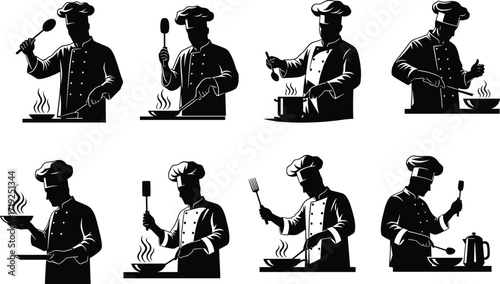 Chef silhouette illustration set, black and white cooking icons, culinary activity poses, kitchen vector art, food preparation design, isolated figures