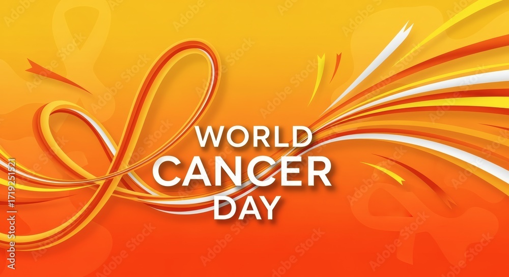 Fototapeta premium Bold graphic 2D poster with “World Cancer Day” surrounded by dynamic ribbon patterns. Bright orange gradient background