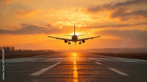 Passenger airplane landing on the runway at sunset. Air travel and global transportation concept. Commercial flight.