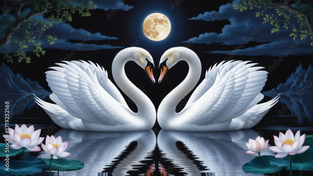 Obraz premium Serene Swan Romance: Two elegant swans form a heart shape with their necks, floating on a tranquil lake under a soft, glowing moon, embracing the beauty of love and peace.
