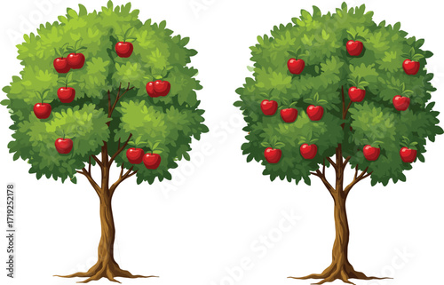 Two Cartoon Apple Trees with Different Fruit Counts, Green Foliage, Red Apples, Educational Nature Illustration for Botanical and Comparison Concepts