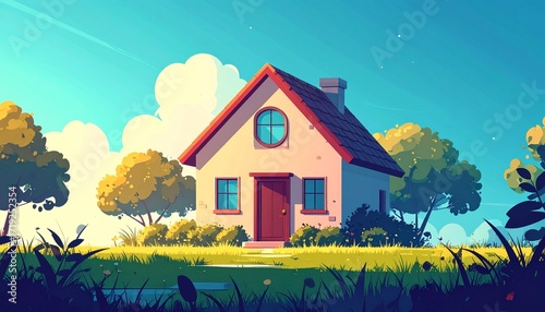 Charming Cartoon House Nestled Amidst Lush Greenery Under a Bright Sunny Sky
