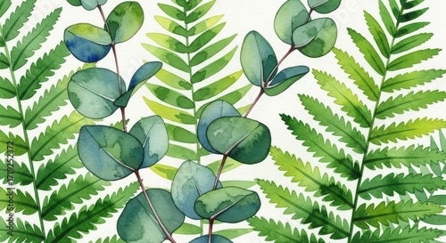 Watercolor Eucalyptus and Fern Leaves on White Background.