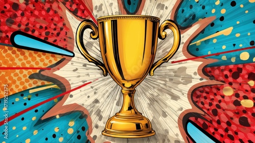 Golden trophy cup against a dynamic pop art background. Concept of championship, victory, and success. For award ceremony.