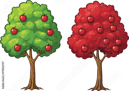 Two Cartoon Apple Trees with Red and Green Foliage, Fruit Count Comparison, Educational Nature Illustration for Seasonal and Botanical Concepts