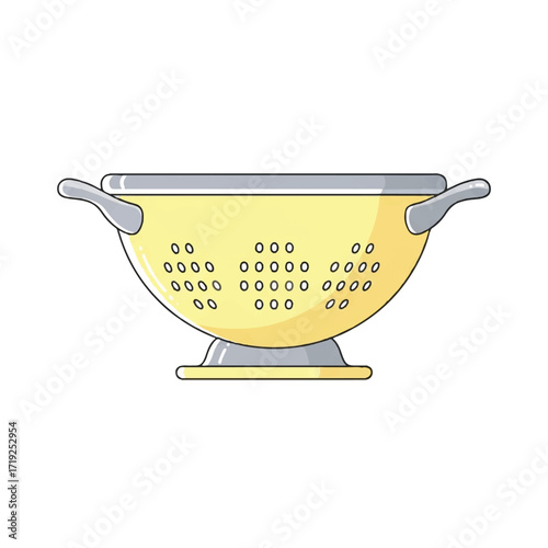 Illustration of a yellow kitchen colander with gray handles and base on a white background.