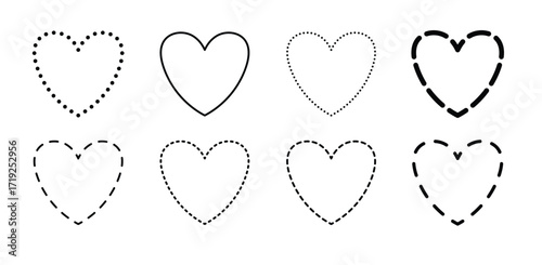 Hearts Dashed Line Style Set. Set of hand drawn dashed hearts on white background. Set of hand drawn black dashed hearts on white background  Love concept for Valentine's Day, vector illustration.