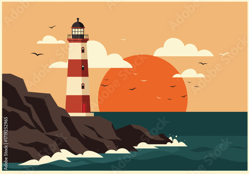 A picturesque lighthouse stands tall against a backdrop of a vibrant sunset, with birds soaring above the tranquil sea, creating a serene coastal scene with rocky cliffs and gentle waves