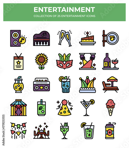 Collection of 25 Entertainment Icons. Party. Music. and Festive Fun