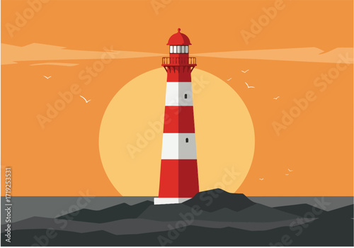 A picturesque lighthouse stands tall against a backdrop of a vibrant sunset, with birds soaring above the tranquil sea, creating a serene coastal scene with rocky cliffs and gentle waves