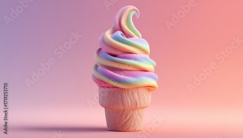 Vibrant rainbow ice cream cone on pastel background