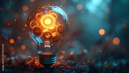 Innovative light bulb with intricate, glowing gears, sparkling like fireflies in a tranquil natural setting, symbolizing brilliant ideas, sustainable technology, and creative thought