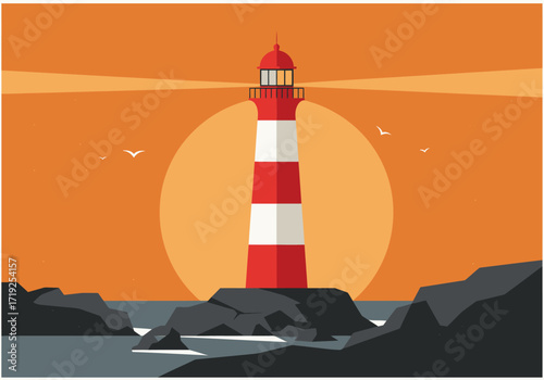 A picturesque lighthouse stands tall against a backdrop of a vibrant sunset, with birds soaring above the tranquil sea, creating a serene coastal scene with rocky cliffs and gentle waves