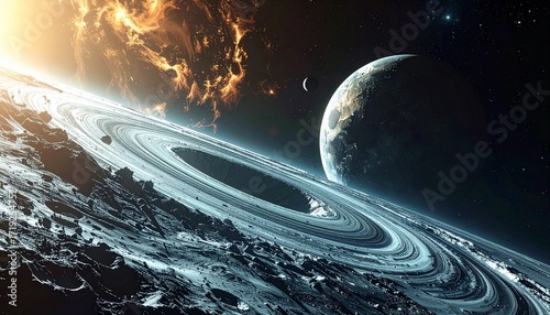 Cosmic ringed planet with fiery nebula and moon in vastness of space