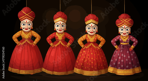 An exquisite flat design illustration of traditional Rajasthani puppets, highlighting their intricate designs and cultural significance. 