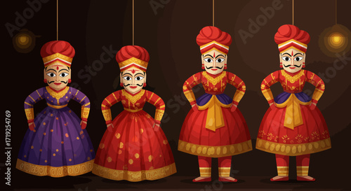 An exquisite flat design illustration of traditional Rajasthani puppets, highlighting their intricate designs and cultural significance. 