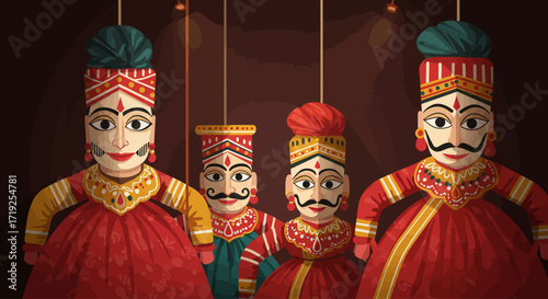 An exquisite flat design illustration of traditional Rajasthani puppets, highlighting their intricate designs and cultural significance. 