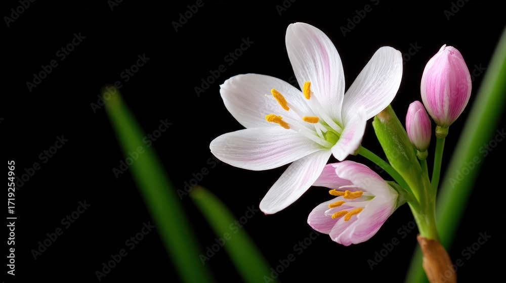 Fototapeta premium Beautiful delicate pink and white flower with green leaves isolated on black background showcasing nature's elegance