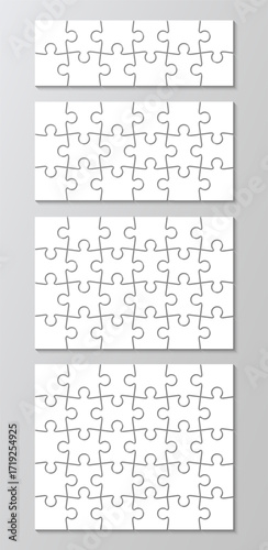 Cutting template with 4 grids. Jigsaw set. Puzzle pieces. Scheme for thinking game. Simple mosaic background with separate details. Frame tiles. Vector illustration.