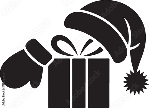 Black silhouette of a gift box with a Santa hat and mitten present christmas