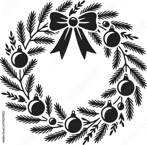 Black silhouette of a Christmas wreath with pine branches ornaments and a bow black and white evergreen