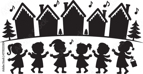 Black silhouette of children singing in front of snowy houses with trees and musical notes vector