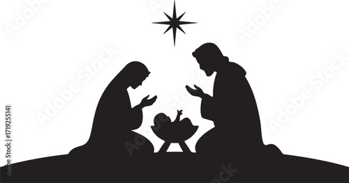 Black silhouette of nativity scene with Mary Joseph and baby Jesus under star black and white